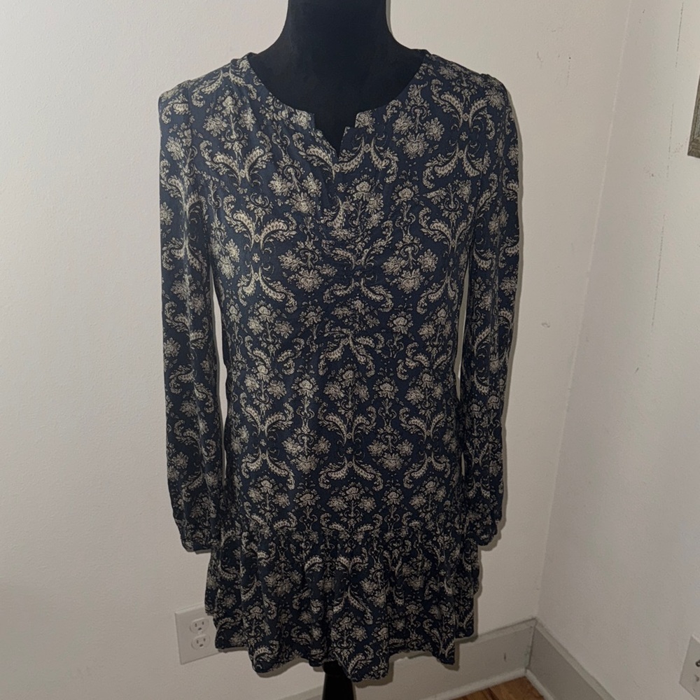 Leshop by Pisceans blue rugged ruffle hem Navy tan paisley Print boho Dress S